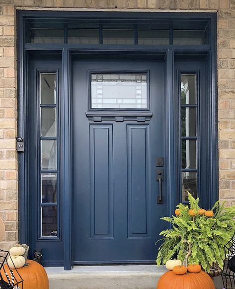 Simple Front Door Ideas, Blue Entrance Door, Navy Front Door With Sidelights, Navy Blue Door Exterior, Front Door Dark Blue, Royal Blue Doors Front Entrance, Blue Front Doors, Blue Doors Front Entrance, Navy Blue Composite Front Door