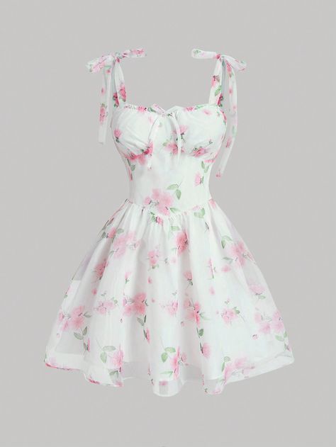 Multicolor Boho Collar Sleeveless Polyester Floral Cami Embellished Non-Stretch  Women Clothing Vestiti Aesthetic, Corset Dress Aesthetic, White Dress With Pink Flowers, Short Flower Dress, Floral Short Dress, Fashion Design Patterns, Cute Dress Outfits, Floral Dresses Short, Floral Cami