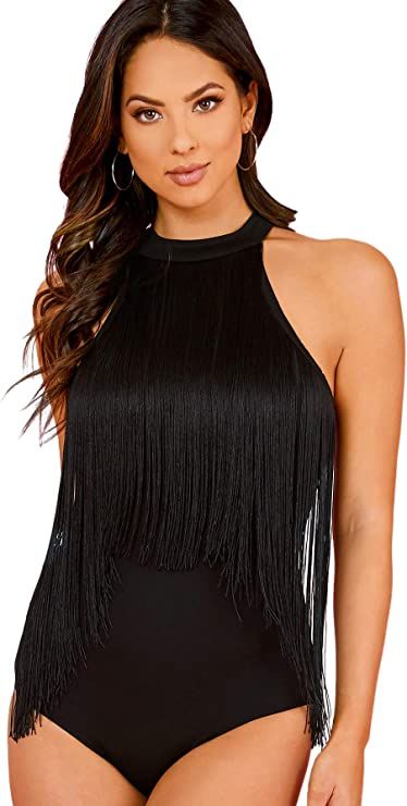 Verdusa Women's Fringe Trim Sleeveless Bodycon Halter Bodysuit Top Halter Bodysuit Outfit, Plus Size Cowgirl, Black Body Suit, Body Noir, Concert Outfit Summer, Bodysuit Outfit, Cowgirl Outfit, Halter Bodysuit, Bodysuit Top