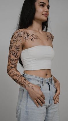 Peony Arm Tattoos For Women, Tattoo Sleves Design Women Flowers, Feminine Tattoo Sleeves Non Floral, Tatto Sleeves Girl, Girls Sleeve Tattoo Ideas, Wilting Flower Tattoo, Full Floral Sleeve Tattoo, Pretty Arm Tattoos, Floral Arm Sleeve Tattoo