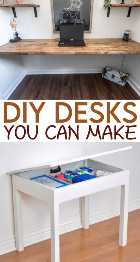 Diy Desk Ideas Cheap Easy, Diy Lap Desk With Storage, Diy Childs Desk, Teen Desk Ideas Boy, Computer Desk For Small Spaces, Narrow Desks For Small Spaces, Diy Kids Desk With Storage, How To Make A Desk, Simple Desk Ideas