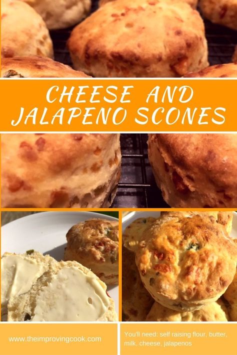 The Improving Cook- Cheese and Jalapeno Scones. Traditional scones with grated cheddar cheese and chopped jalapeno. Spicy, cheesy and delicious with butter.  Bake them as the savoury accompaniment to afternoon tea. Jalapeno Scones, Traditional Scones, Cheese Scones, Afternoon Tea Recipes, Scrumptious Food, Scone Recipe, Football Game, Tea Recipes, Favorite Food