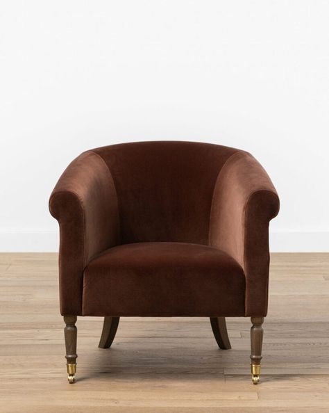 The McGee Home As A Design Lab - Studio McGee Curved Back Chair, Classic French Decor, Traditional Style Furniture, Leather Sofa With Fabric Chairs, Sherpa Chair Living Room, Rust Armchair, Office Lounge Chair, Velvet Club Chair, Traditional Accent Chair