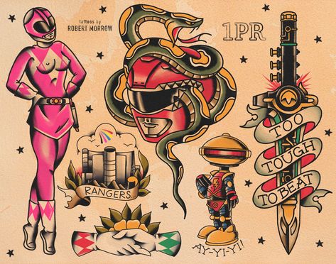 MORPHIN' TIME Traditional Tattoo Flash Print Power Rangers Traditional Tattoo, American Traditional Cover Up, Nerdy Traditional Tattoo, White Ranger Tattoo, Traditional Old School Tattoo Flash, Pinup Tattoo Traditional, Funny Traditional Tattoos, Traditional Tattoo Flash Sheet, Power Rangers Tattoo