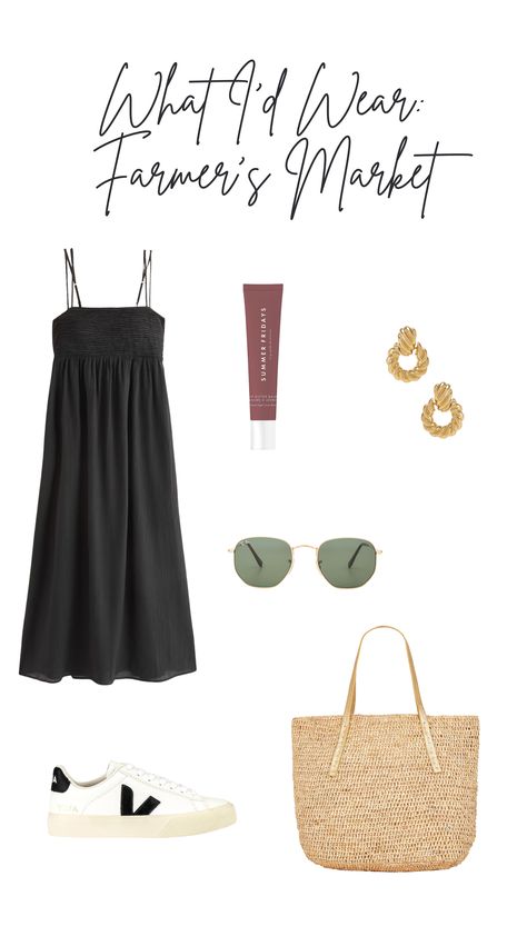 farmers market outfit inspiration black dress sneakers with black accent gold hoops large woven tote bag gold ray bans summer fridays lip balm casual outfit Farmers Market Outfit Summer, Farmers Market Outfit, Market Outfit, High Tops Sneakers, 2024 Style, Cash Money, France Photos, Mood Songs, Summer Fridays