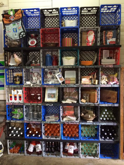 Love this milk crate shelf at Brookfield General Store Plastic Crate Shelves On Wall, Diy Shelf With Crates, Plastic Milk Crate Shelves, Milk Crate Shelves Diy, Milk Crate Wall Shelves, Milk Crate Aesthetic, Milk Crate Shelf, Crate Shelf, Milk Crate Bookshelf