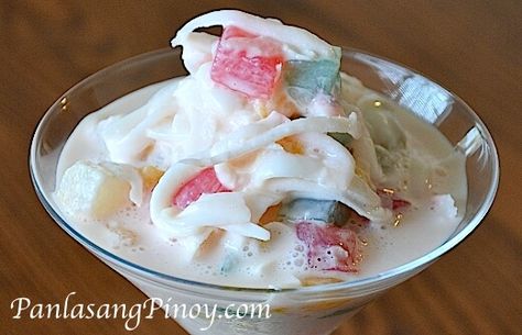 Buko Salad is a delicious Filipino Dessert Recipe. This is made from young coconut. Get the details here. Buko Salad Recipe, Fruit Salad With Condensed Milk, Fruit Salad Cups, Filipino Christmas Recipes, Filipino Fruit Salad, Buko Salad, Salad Cups, Filipino Dessert Recipes, Filipino Food Dessert