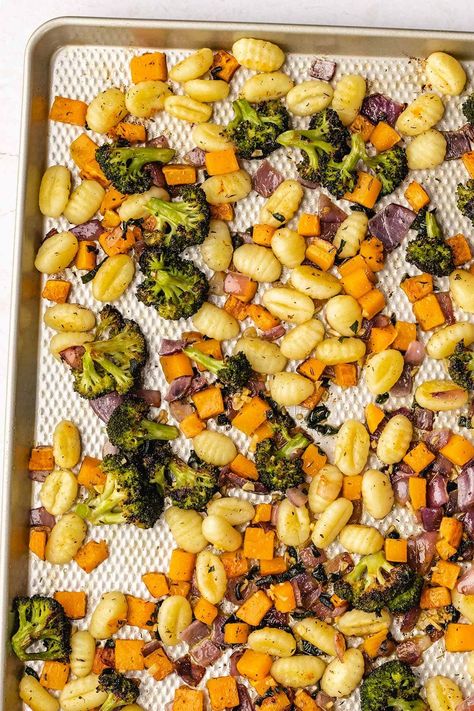 Brown Butter Sheet Pan Gnocchi with Vegetables - The Recipe Well Sweet Potato And Gnocchi Recipe, Sheet Pan Sausage And Gnocci, Fall Veggie Sheet Pan, Gnocchi Recipes Sheet Pan, Sheet Pan Gnocchi And Vegetables, Squash Gnocchi Recipes, Gnocchi Sheet Pan Dinner, Gnocchi With Vegetables, Veggie Gnocchi