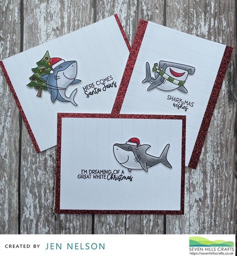 Shark Christmas Wallpaper, Christmas Shark Wallpaper, Shark Cards Handmade, Santa Jaws Card, Mermaid Christmas Card, Cas Christmas Cards, Shark Images, Santa Claws, Glitter Cards