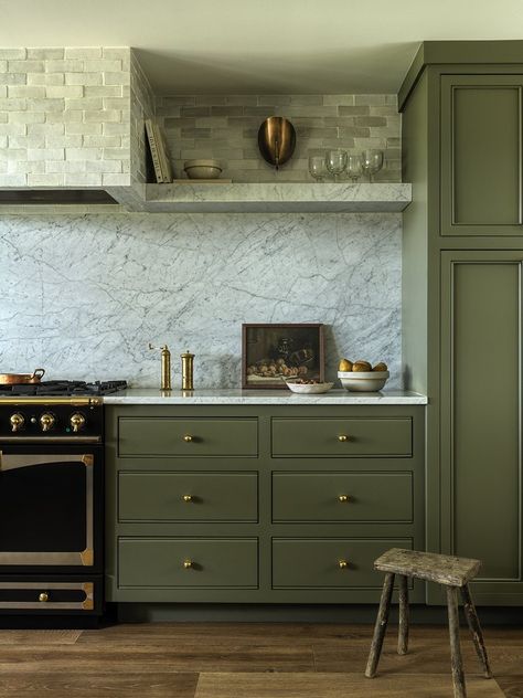 Burgundy Kitchen, Dark Green Kitchen, Sage Green Kitchen, Appliance Pulls, Light And Dwell, Green Kitchen Cabinets, Cabinet Paint Colors, Flooring Trends, All White Kitchen