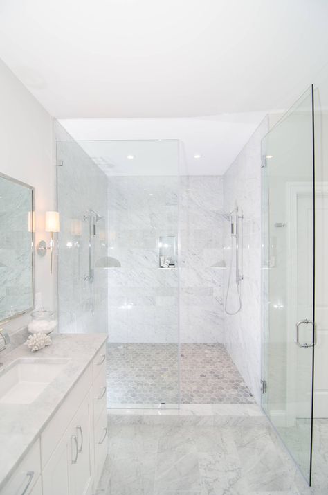 McLean Custom II - Transitional - Bathroom - DC Metro - by TriCrest Homes, LLC | Houzz Grey And White Bathroom, Doorless Shower, Gray And White Bathroom, White Marble Bathrooms, Walk In Shower Designs, Bathroom Redesign, Transitional Bathroom, Bathroom Remodel Designs, Bathroom Remodel Shower