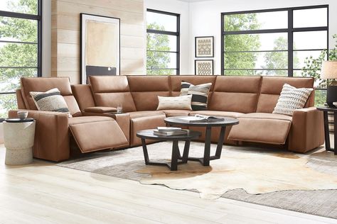 Modulartwo Saddle Brown Microfiber 6pc 6 Pc Dual Power Reclining Modular | Rooms to Go Sectional And Recliner Living Room, Leather Sectional Living Room, Leather Reclining Sectional, Leather Couches Living Room, Leather Sofa Living Room, Console Furniture, Leather Reclining Sofa, Rooms To Go, Living Room Sets Furniture