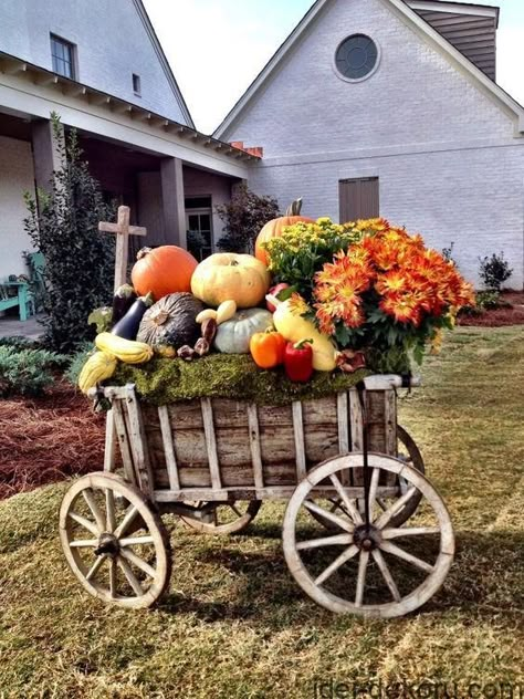 common ground : Weekend Inspiration: Wagons and Wheelbarrows for Fall Flower Carts, Goat Cart, Mums In Pumpkins, Autumn Farmhouse, Outside Fall Decor, Fruits Decoration, Wheelbarrow Garden, Wooden Cart, Wagon Wheels