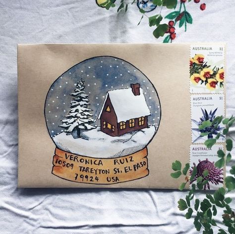 Winter Snowglobe, Snail Mail Envelopes, Hand Lettering Envelopes, Snail Mail Inspiration, Snail Mail Art, Mail Art Envelopes, Decorated Envelopes, Calligraphy Envelope, Christmas Envelopes