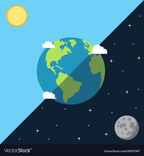 Day And Night Drawing, Day And Night Illustration, Sun Earth Moon, Day And Night, Earth Day And Night, Earth Sun And Moon, Earth Drawings, Night Illustration, Sun And Earth