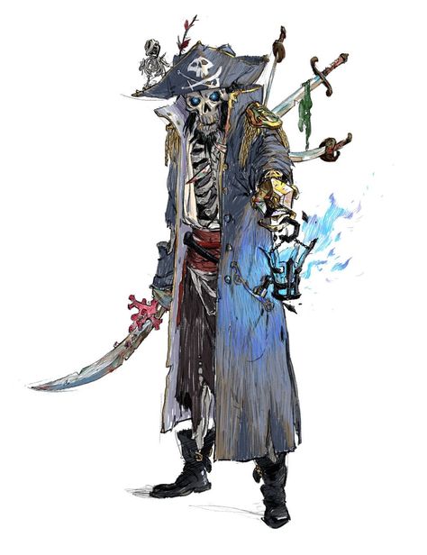 Pirate D&d, Pirate Mythology, D&d Pirate, Skeleton Character Art, Dnd Pirate Character Design, Dnd Pirate Art, Pirate Concept Art, Pirate Sketch, Pirate Character Design