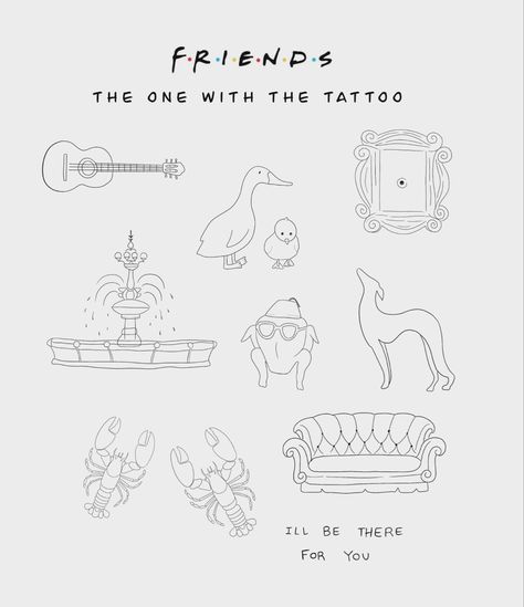 Friends flash sheet tattoos Friend Tv Show Tattoo, Tiny Movie Tattoos, Tv Shows Tattoos Ideas, Friends The Show Tattoo, Friends Frame Tattoo, Tv Show Friends Tattoo, Friends Tv Show Matching Tattoos, Small Friends Tattoos, Matching Friends Tattoo Tv Show