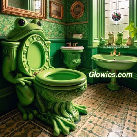 Frog Toilet, Collage Apartment, Cottagecore Houses, Frog Bathroom, Crazy Bathrooms, Frog House, Boho Apartments, Art Shed, Frog Theme