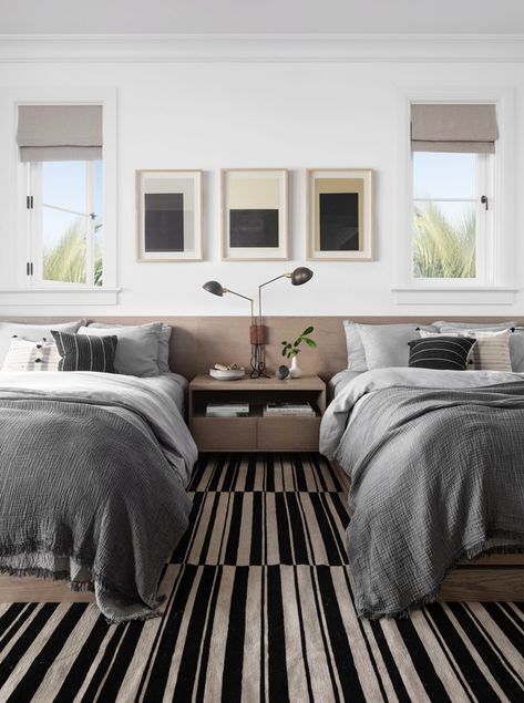 No Lie: These 10 Black-and-White Bedroom Ideas Will Stand the Test of Time | Hunker Room With Two Beds, Twin Beds Guest Room, Twin Bedroom, Teen Room, White Bedroom, Guest Bedrooms, Boys Room, Bedroom Inspo, Bed Room