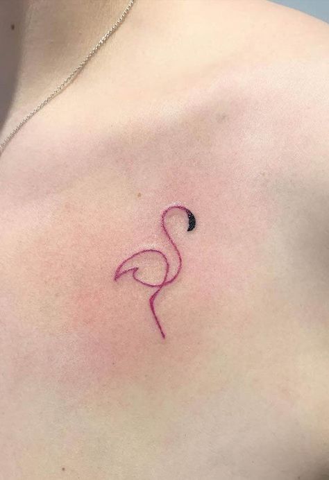 Simple abstract flamingo chest tattoo by @mat.tattoo.studio Random Fun Tattoos, Small Pink Tattoo Ideas, Flamingo Wrist Tattoo, White Flamingo Tattoo, Single Line Flamingo Tattoo, Flamingo Finger Tattoo, Tiny Flamingo Tattoos For Women, Flamingo Tiny Tattoo, Flamingo Minimalist Tattoo