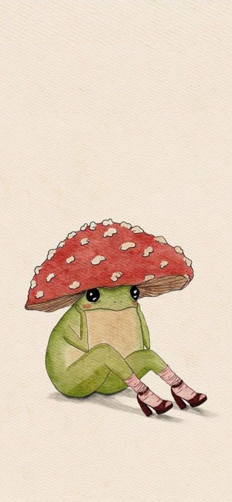 Wallpaper Backgrounds Frogs, Cottagecore Frog Wallpaper, Abi Toads Wallpaper, Fall Frog Wallpaper, Aesthetic Art Paintings Vintage, Frog Background Wallpapers, Mushroom Frog Wallpaper, Green Aesthetic Illustration, Cute Frog Wallpaper Aesthetic