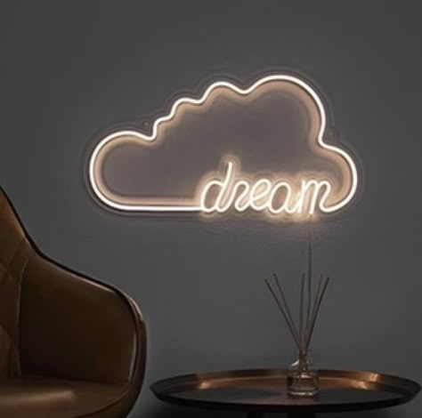 Cute Neon Signs, Light Up Cloud, Dream Neon Sign, Neon Signs For Bedroom, Signs For Bedroom, Bedroom Decor Aesthetic, Neon Lights Bedroom, Neon Light Art, Lamp Room