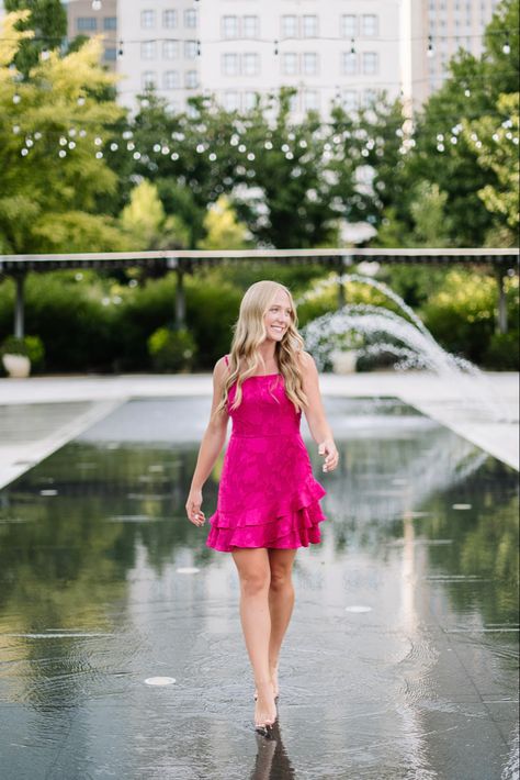 Hot Pink Dress Senior Pictures, Hot Pink Senior Pictures, Senior Picture Ideas Pink, Preppy Senior Pictures, Headshot Outfit, Senior Year Pictures, College Senior Pictures, Senior Stuff, Bright Color Dresses