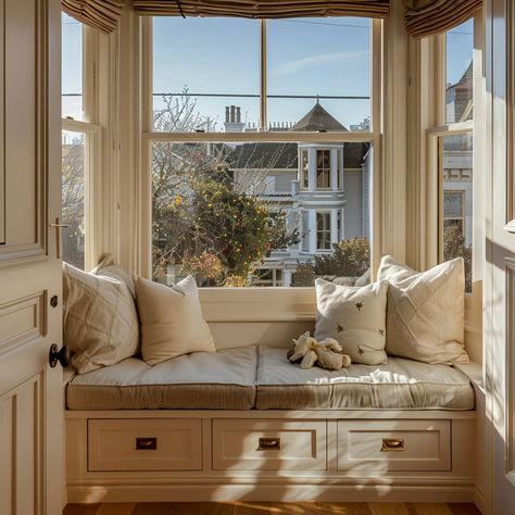 A charming bench in window with plush cushions and pillows provides a serene spot to relax and soak in the natural light Bay Window Bench Diy, Window Seat Ideas Living Room, Bay Window Seat Design, Lofted Shed, Bay Window Bench Seat, Bay Window Seat Ideas, Bay Window Seats, Bay Window Storage, Small Bay Window