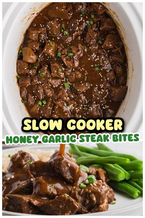 This slow cooker honey garlic steak bites is going to be dinner tonight. Tender, juicy steak bites smothered in a sticky, sweet, and savory honey garlic sauce. Perfect for a weeknight dinner or a crowd-pleasing appetizer! Honey Beef Recipe, Honey Garlic Steak Bites, Honey Garlic Steak, Juicy Steak Bites, Garlic Steak Bites, Smothered Steak, Steak Sauce Recipes, Teriyaki Steak, Slow Cooker Steak