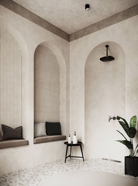 Arch In Bedroom, Plaster Bench, Alcove Design, Modern Arches, Ruangan Studio, Concrete Effect Paint, Tv Set Design, Hair Salon Interior, Japandi Living