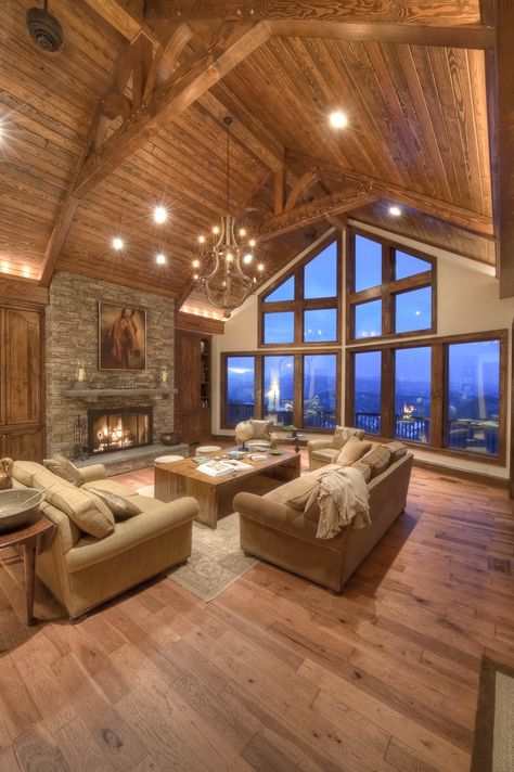 Timber Frame Great Room, Mountain Home Interiors, Calming Environment, Cabin Living Room, Cabin Living, Timber Frame Homes, Log Cabin Homes, Building Ideas, Barn House Plans