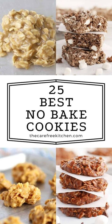 We’ve compiled 21 of our Best No-Bake Cookies, No-Bake Bars and No-Bake Energy Balls that are simple, delicious and can be made without turning on the oven. This collection of nostalgic no-bake treats has a little something for everyone including healthy energy balls, ooey-gooey s’mores cereal bars and classic peanut butter no-bake cookies. #thecarefreekitchen #best #nobake #cookies #bars #energyballs #healthy #quick #desserts #classic Blond No Bake Cookies, No Bake Peanut Butter Oatmeal Balls Easy, No Bake Without Peanut Butter, No Bake Oatmeal Cookies No Peanut Butter, No Bake Cookie Flavors, No Bake Cookies No Butter, Bo Bake Cookies Recipes, Peanut Butter Free No Bake Cookies, No Bake Oatmeal Chocolate Chip Cookies