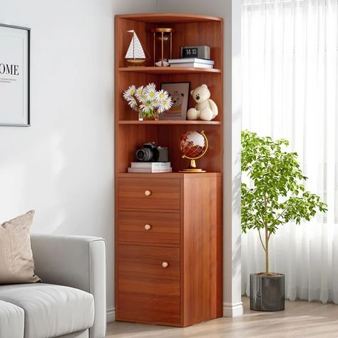 Ebern Designs Corner Display Stand Tall Storage Cabinet With Drawer | Wayfair Tall Corner Cabinet, Bookcase Wood, Corner Storage Cabinet, Artificial Wood, Corner Bookshelves, Modern Minimalist Home, Wooden Bookcase, Corner House, Corner Cabinet