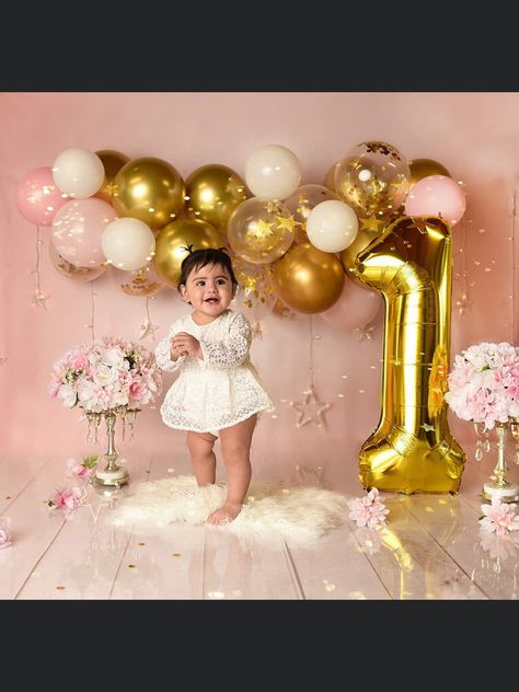 One Year Birthday Ballons Decoration, Babygirl First Birthday Photoshoot, 1 Bday Photo Shoot, First Bday Shoot, 1st Photoshoot First Birthdays, Babies First Birthday Photo Shoot, First Birthday Celebration Ideas, 1 Yr Picture Ideas One Year Old, 1st Birthday Photoshoot At Home