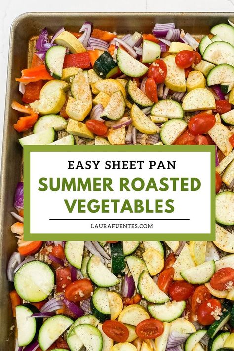 a sheet pan with different cut up veggies with seasoning on them Baked Veggies Recipes, Summer Vegetable Recipes, Roasted Summer Vegetables, Fresh Vegetable Recipes, Sheet Pan Dinners Recipes, Summer Vegetables, Baked Veggies, Roasted Vegetable Recipes, Summer Produce