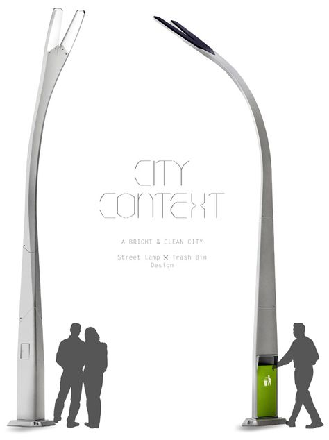 City Context – Solar Streetlights with Integrated Dustbin by Li-Te Lo, Song-Jung Chen, Tai-Yen Lee, Chun-Wei Hsu & Cheng-Yu Tsai Urban Lighting, Light Pole, Urban Furniture, Street Furniture, Street Design, Street Lamp, Urban Spaces, Design Light, Yanko Design