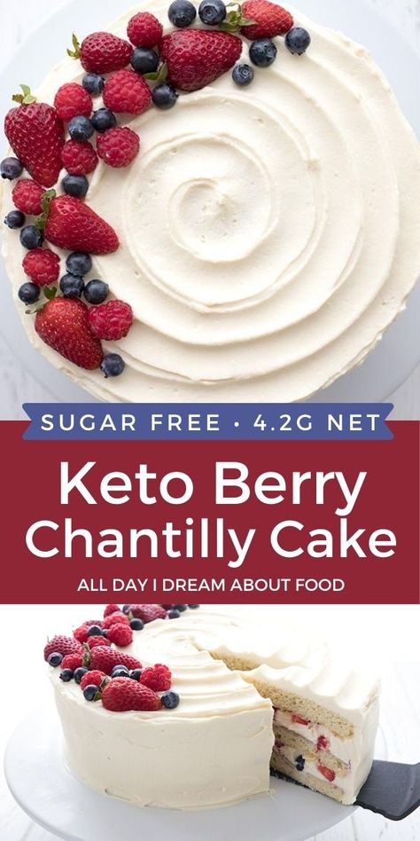 Keto Berry Chantilly Cake is a tender vanilla layer cake with fresh berries and a rich chantilly cream frosting. This nut free keto cake is a summer classic! Nut Free Keto, Cake With Fresh Berries, Vanilla Layer Cake, Berry Chantilly Cake, Chantilly Cake, Keto Cakes, Low Carb Cake, Postre Keto, Chantilly Cream