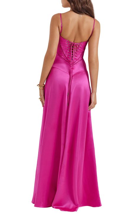 A sculpting corset-inspired bodice shapes this glamorous satin gown punctuated with a laced-up back. Exclusive retailer 52" length (size X-Large) Square neck Adjustable straps Unlined 75% acetate, 25% polyester with 80% polyamide 20% elastane contrast Dry clean Imported Satin Evening Dress With Lace-up Back For Prom, Silk Corset Dress With Ruched Bodice For Prom, Silk Evening Dress With Corset Back For Prom, Silk Prom Evening Dress With Corset Back, Floor-length Satin Corset Dress, Floor-length Satin Corset Dress With Ruched Bodice, Evening Corset Dress With Lace-up Back And Fitted Bodice, Satin Dress With Corset Back For Debutante Ball, Floor-length Satin Corset Dress For Gala