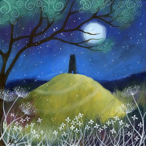 A fairytale art print of Glastonbury Tor . Mystic Night- by Amanda Clark Celtic Landscape, Mystic Paintings, Glastonbury England, Amanda Clarke, Amanda Clark, Mists Of Avalon, Glastonbury Tor, Clark Art, Pagan Art