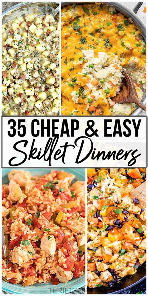 These one skillet dinners are cheap, easy and delicious! Lots of recipe options- chicken, ground beef, sausage, mexican, meatless and more. Stove Top Skillet Meals, One Pan Easy Dinner Recipes, Cheap Skillet Dinners, Cheap Dinners Recipes, Cheap Meat Recipes, Cheap Stove Top Meals, Cheap Dinners For A Family Skillet, Stovetop Recipes Dinners, Cheap One Pot Meals