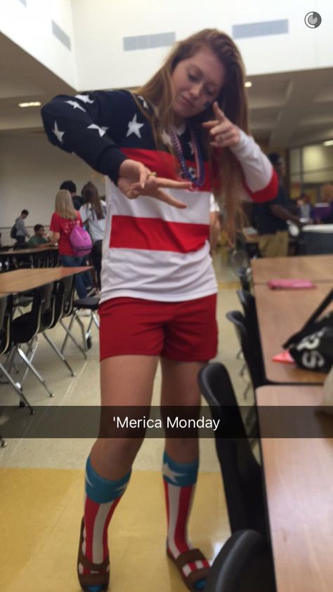 'Merica Monday Merica Monday, Student Section Ideas, Homecoming Week Ideas, Senior Spirit Week, Spirit Week Ideas, Senior Homecoming, Old Lady Costume, Student Section, Spirit Week Outfits