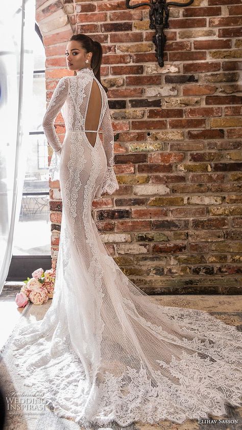 Wedding Dress Keyhole Back, Elihav Sasson, Flare Wedding Dress, High Neck Wedding Dress, Wedding Dress With Sleeves, Wedding Inspirasi, Skirt Elegant, Fit And Flare Wedding Dress, White Wedding Dress