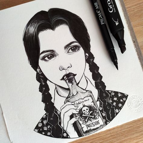 wednesday addams by DZYDAR D. Merlina Adams Tattoo, Wednesday Tattoo Addams, Wednesday Addams Zeichnung, Dark Disney Drawings, Wednesday Addams Drawings, Wednesday Addams Tattoo Ideas, Wednesday Addams Painting, Wednesday Addams Drawing, Wednesday Tattoo