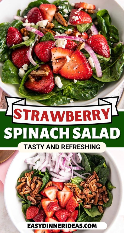 This easy spinach strawberry salad is filled with fresh baby spinach, juicy strawberries, crunchy pecans, and more. Perfect for summer! Strawberry Feta Spinach Salad, Homemade Balsamic Dressing, Strawberry Feta, Strawberry Spinach Salad, Spinach Salad Recipes, Strawberry Spinach, Spinach Strawberry Salad, Tossed Salad, Balsamic Dressing