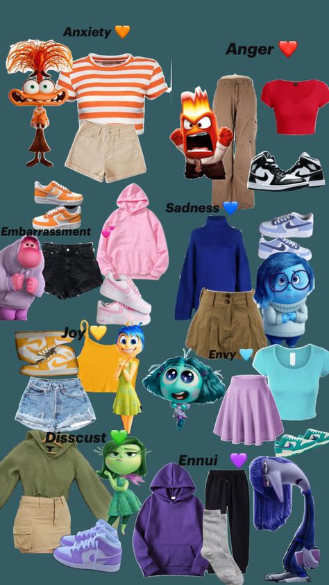 Dress As Favorite Movie Character, Disney Princess Spirit Week Outfits, Simple Characters To Dress Up As, People To Dress Up As, Envy Outfit Ideas Inside Out, Dress Like Movie Character, Characters For Spirit Week, Inside Out Emotions Costumes, Inside Out Day Spirit Week