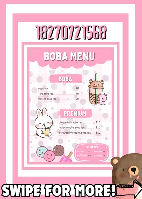 Omg! Finally this is it! I luv creating this type of decals :D Bloxburg Japanese Food Decals, Bloxburg Boba Decals, Cafe Menu Bloxburg, Bloxburg Cafe Menu Decals Codes Pink, Cafe Menu Design Bloxburg, Hello Kitty Cafe Menu Bloxburg, Bloxburg Boba Shop, Boba Shop Bloxburg, Bloxburg Boba Shop Decals