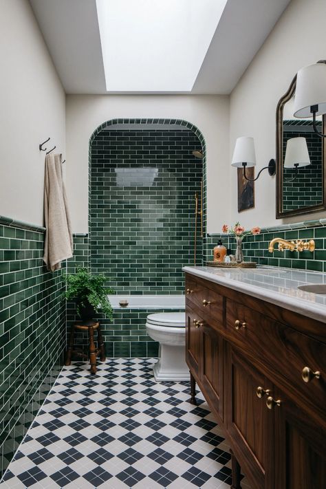 6 Dated Bathroom Design Elements Making a Comeback in 2024 | Livingetc Tiled Alcove Bathtub, Bath In Alcove, Tiled In Bathtub, Green Tile Bathtub, Bathroom Ideas Green Tiles, Green Tile Bathrooms, Mixed Tile Bathroom, Bathroom Interior With Bathtub, Green Art Deco Bathroom