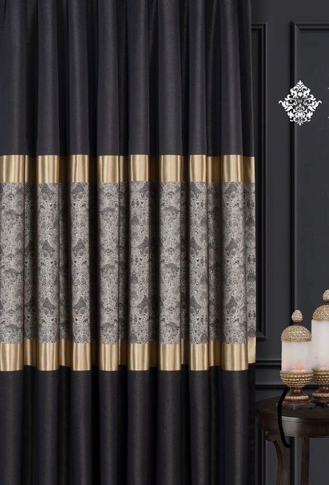 Black And Gold Curtains, Curtains Sewing, Living Room Floor Tiles, Curtain Living Room, Living Room Curtain, Design Black Gold, Grey Dining Room, Living Room Curtains, Gold Curtains