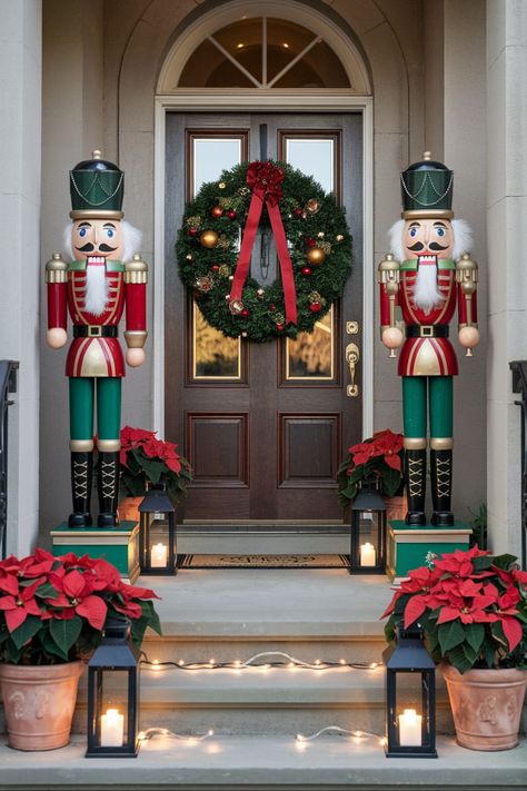 18 Gorgeous Christmas Front Porch Decorating Ideas Christmas Decor Ideas For Outside, Christmas Front Porch Decorating Ideas, Christmas Decor Nutcracker, Elegant Wreaths, Front Porch Decorating Ideas, Timeless Christmas, Paint Organization, Lights For Christmas, Porch Lights