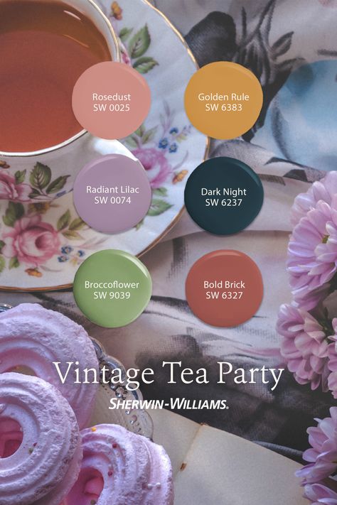 Bring the charm of a vintage tea party into the here-and-now with this curated paint palette from Sherwin-Williams. Tap this pin to order six FREE color chips. We've even pre-loaded your cart to make it a snap to get started. #sherwinwilliams #paint #painting #diy #teaparty #vintage #aesthetic #palette #design Whole House Paint Scheme Purple, Vintage Tea Party Color Palette, Prettiest Color Palette, Vintage Purple Color Palette, Pastel And Jewel Tone Color Palette, Tea Party Color Scheme, Purple Paint Palette, Whimsical Color Palette Colour Schemes, Aesthetic Paint Palette